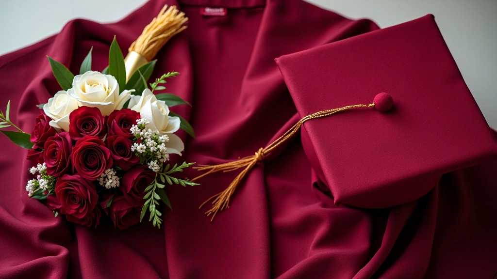 Close-up of graduation regalia including academic gown, student cap with university colors, and gold tassel