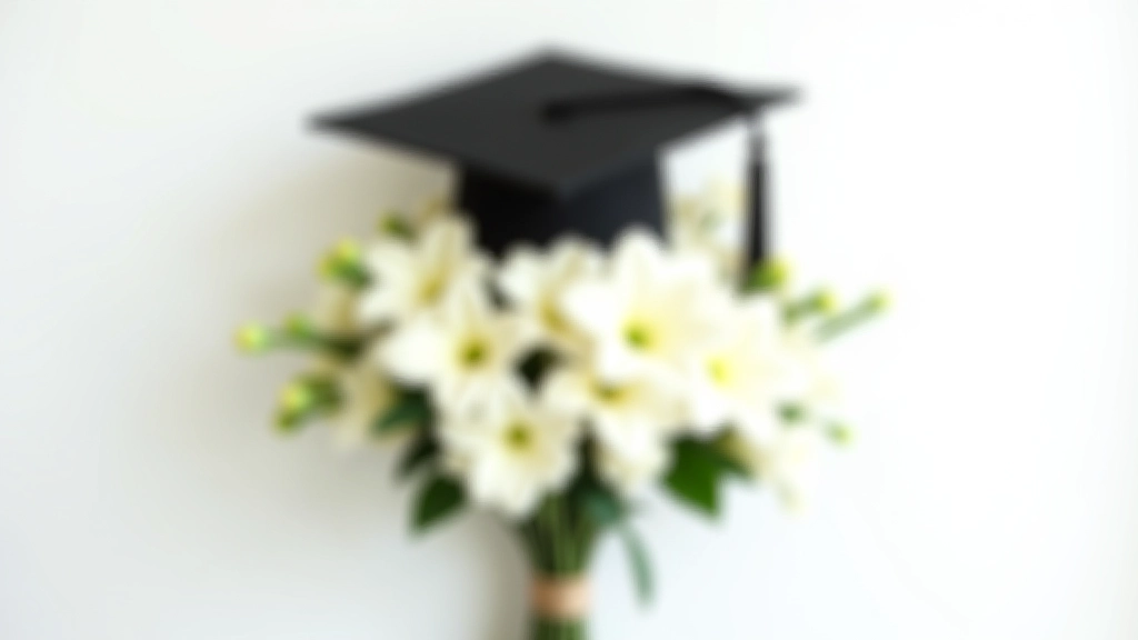 Floral arrangement with graduation cap prop displayed on white background