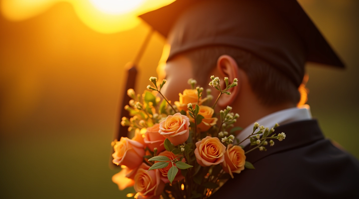 Elegant graduation cap adorned with fresh flowers and decorative tassel, showcasing a premium gift arrangement