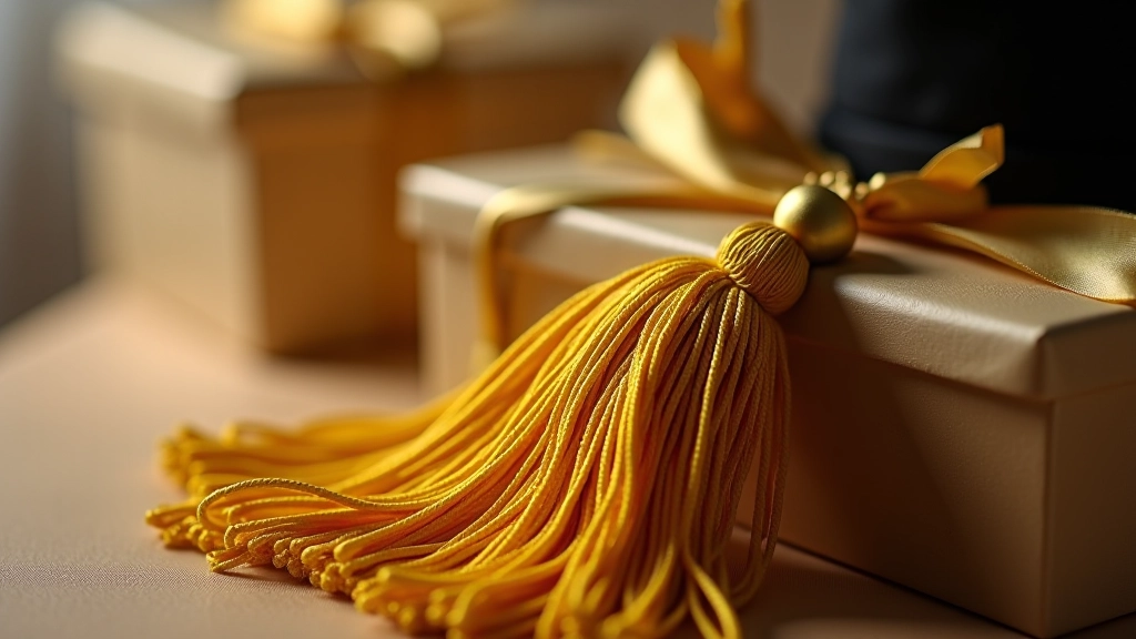 Graduation tassel in close-up with decorative elements and presentation box