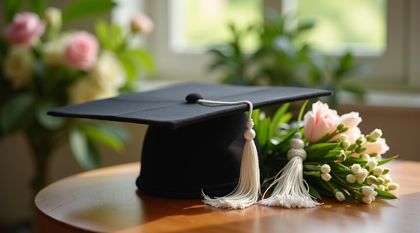 Graduation cap with white tassel on wooden surface with flowers