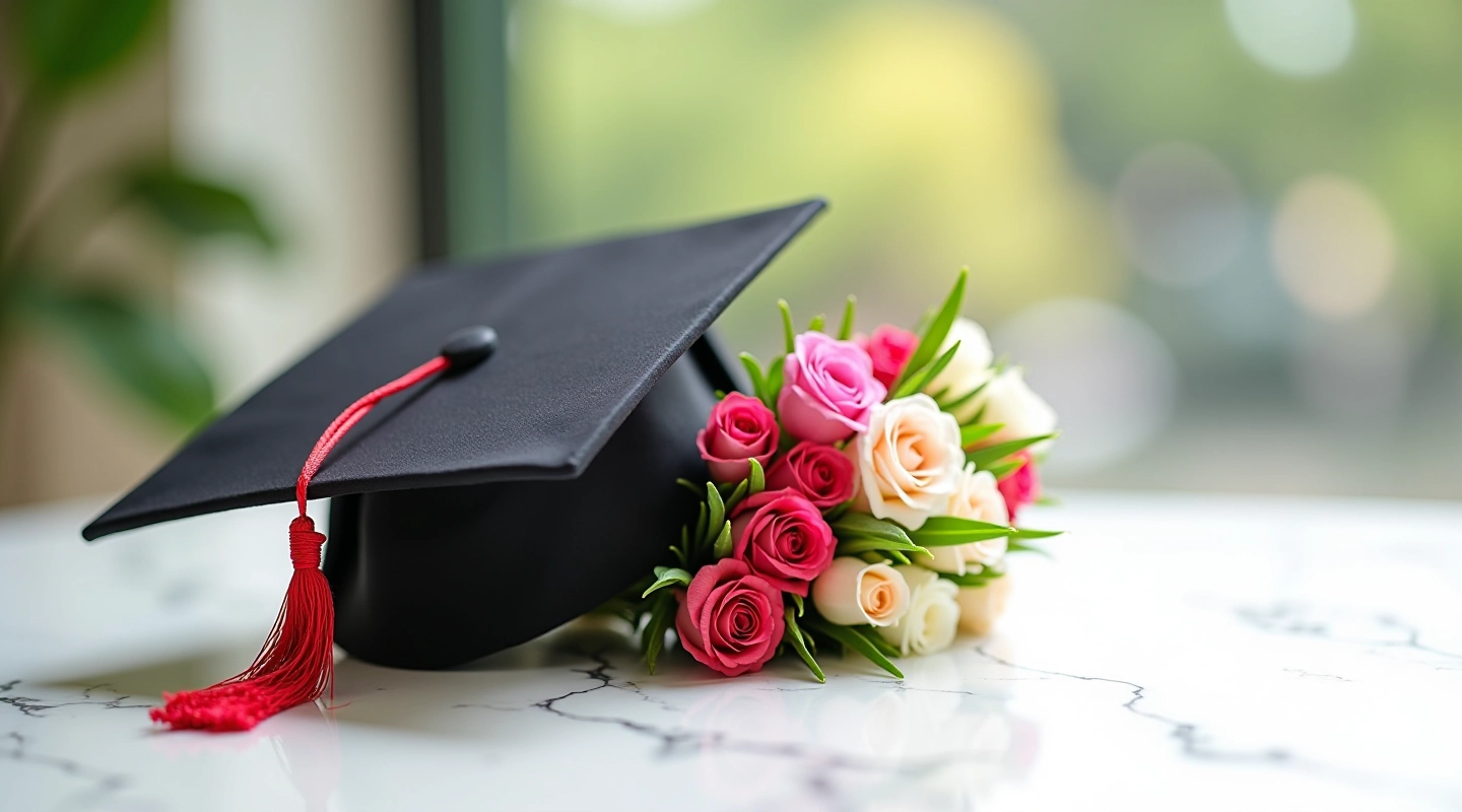 Beautiful graduation gift bundle with flowers and tassel displayed on elegant surface