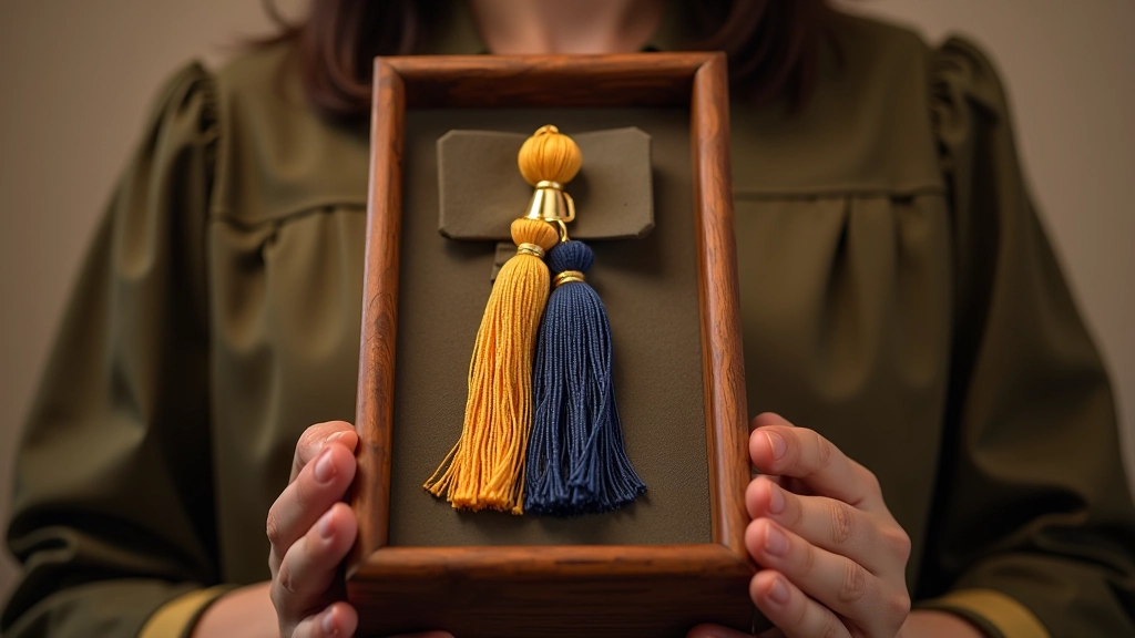 Graduation tassel displayed in elegant keepsake box with decorative arrangement and protective preservation