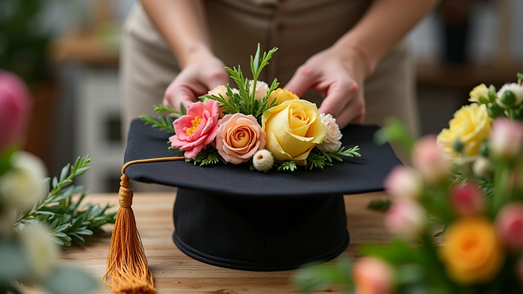 Expert hands carefully arranging fresh flowers alongside graduation cap elements, showing the detailed craftsmanship of gift arrangement creation