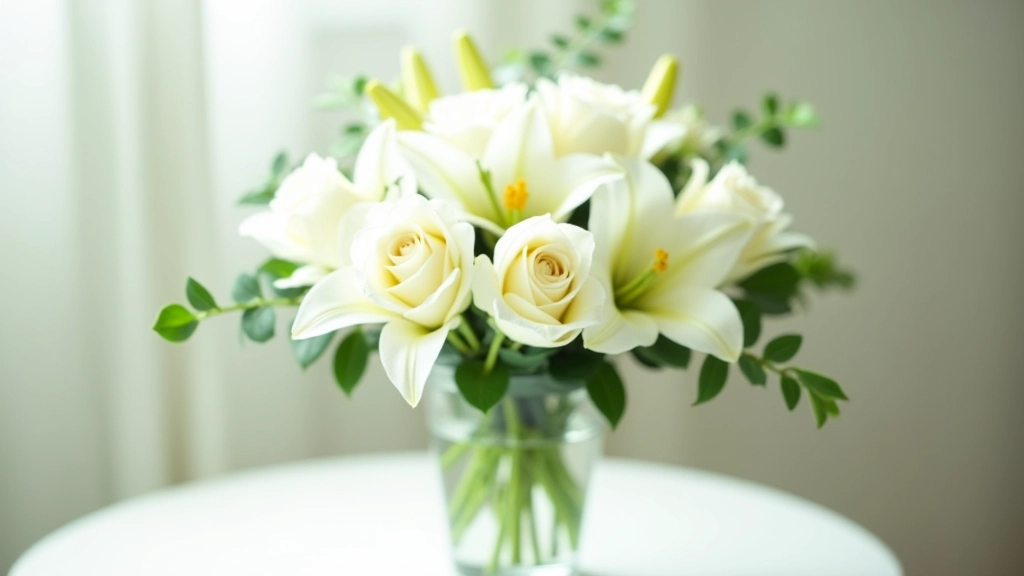 Close-up of white roses and lilies arranged in a clear glass vase with water and greenery